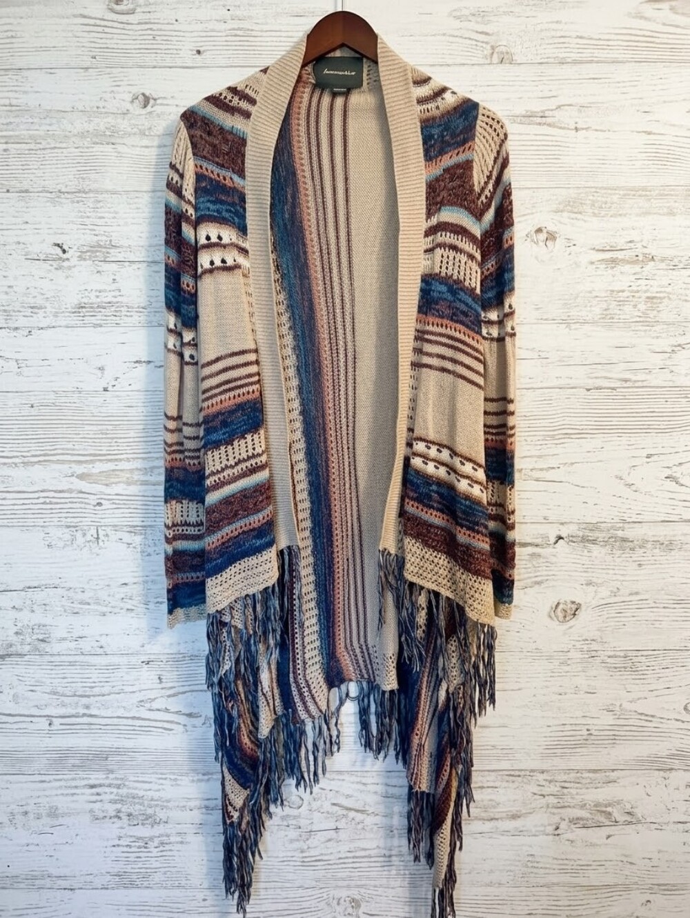 Lovemarks Long Boho Open Front Fringe Sweater Size Large